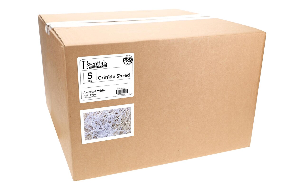 Essentials by Leisure Arts Crinkle Shred Box, Assorted White, 5lbs Shredded Paper Filler, Crinkle Cut Paper Shred Filler, Box Filler, Shredded Paper for Gift Box, Paper Crinkle Filler, Box Filling